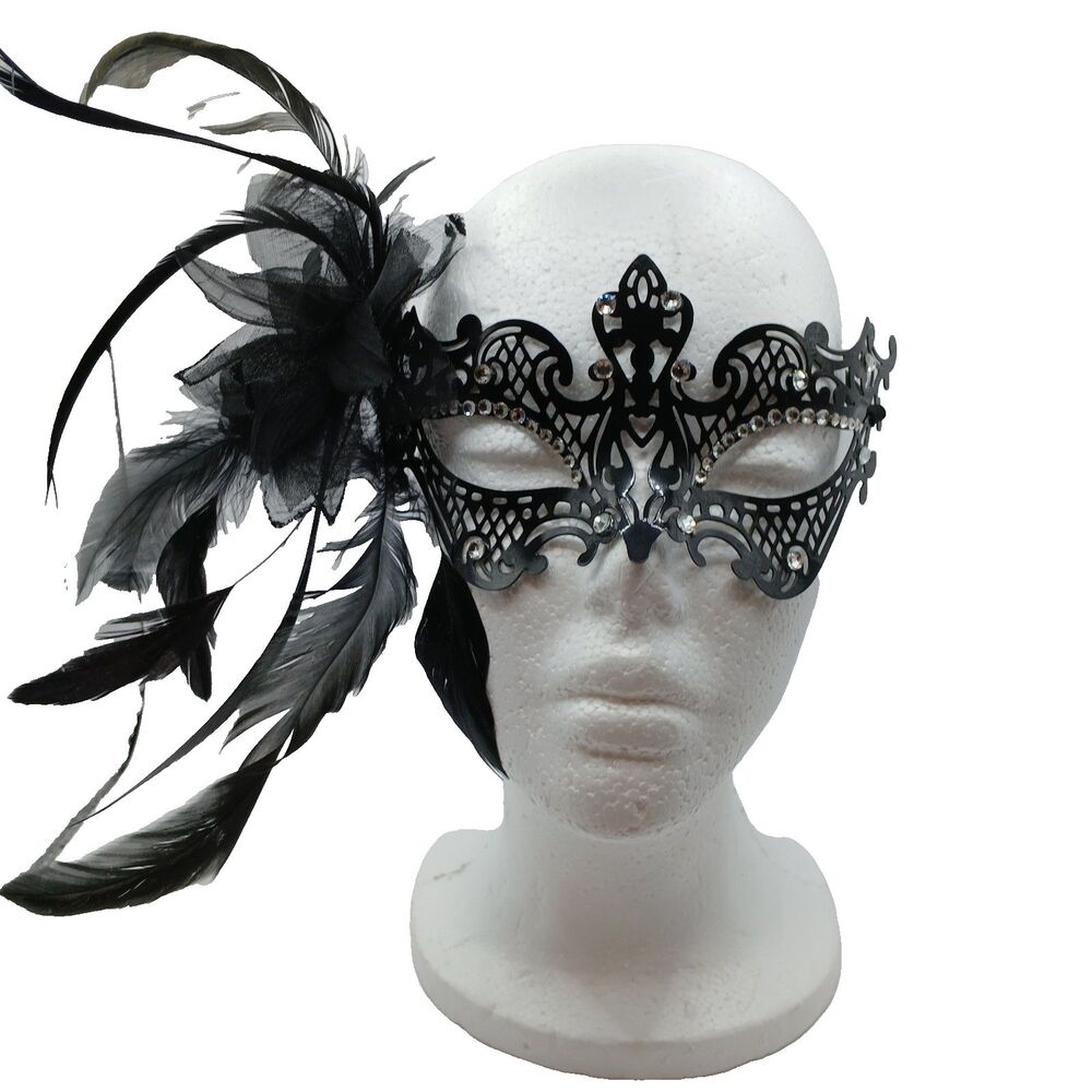 Black Jeweled Metal Mask  Rhinestone Feather Masquerade Ball Elegant Adult Wear